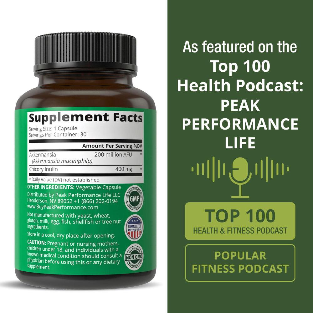 Peak Performance Akkermansia ingredient panel shows gluten-free and preservative-free