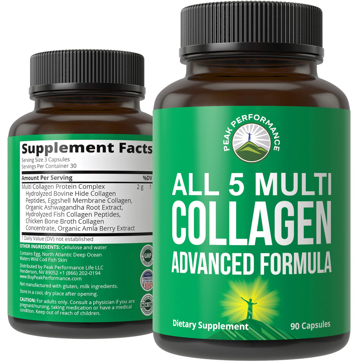 Peak Performance All 5 bottle front view showing five collagen types for comprehensive support