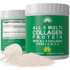 Peak Performance All 5 multi-collagen bottle pouring powder for daily wellness.