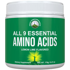 Peak Performance All 9 EAA powder Lemon Lime bottle pouring for pre- or post-workout energy