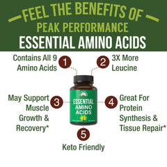 Peak Performance bottle shown for convenient daily amino acid intake.