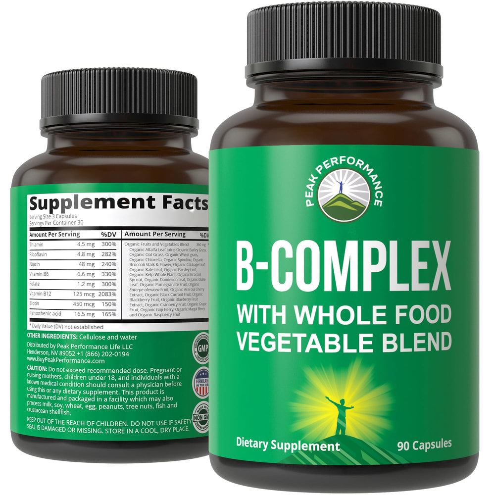 Peak Performance B Complex bottle front showing vegan capsules for natural energy support