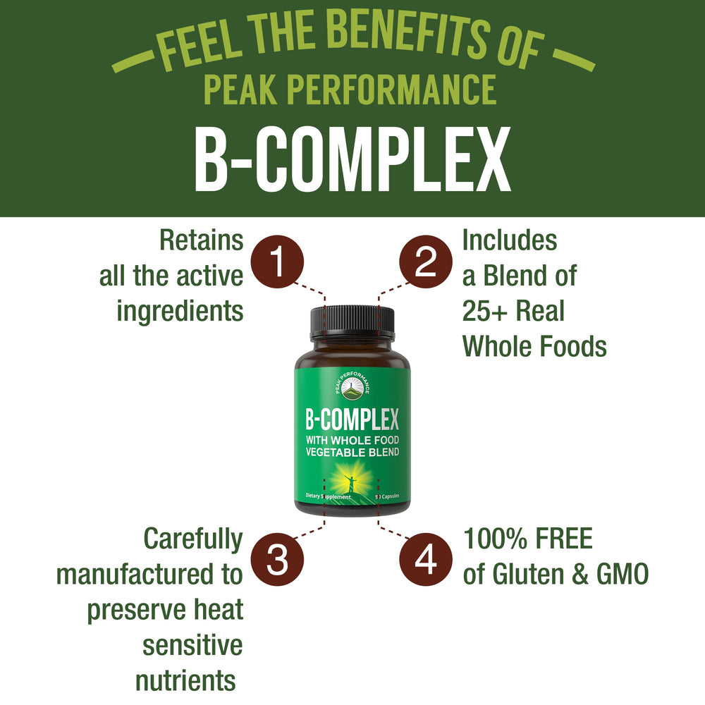 Peak Performance B Complex bottle label close-up highlighting B vitamins and whole food blend
