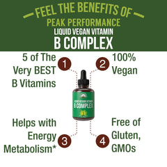 Peak Performance B Complex Liquid dropper dispensing precise vegan servings.
