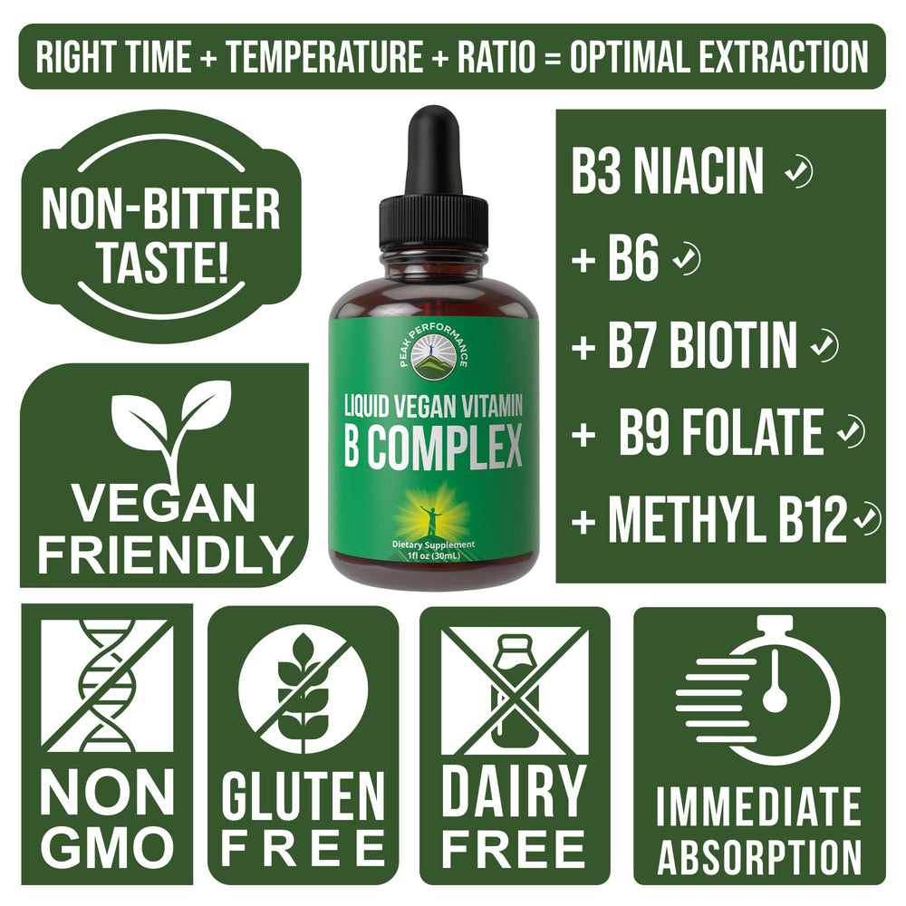 Peak Performance B Complex Liquid vegan gluten-free formula supports clean supplementation.