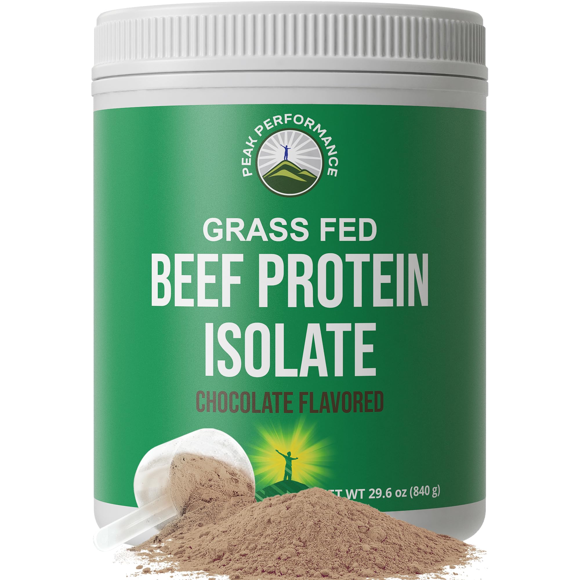 Peak Performance Grass Fed Beef Protein Chocolate tub for post-workout protein fueling