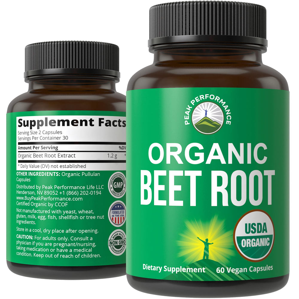 Peak Performance beet root capsules bottle shows organic ingredients for daily energy support