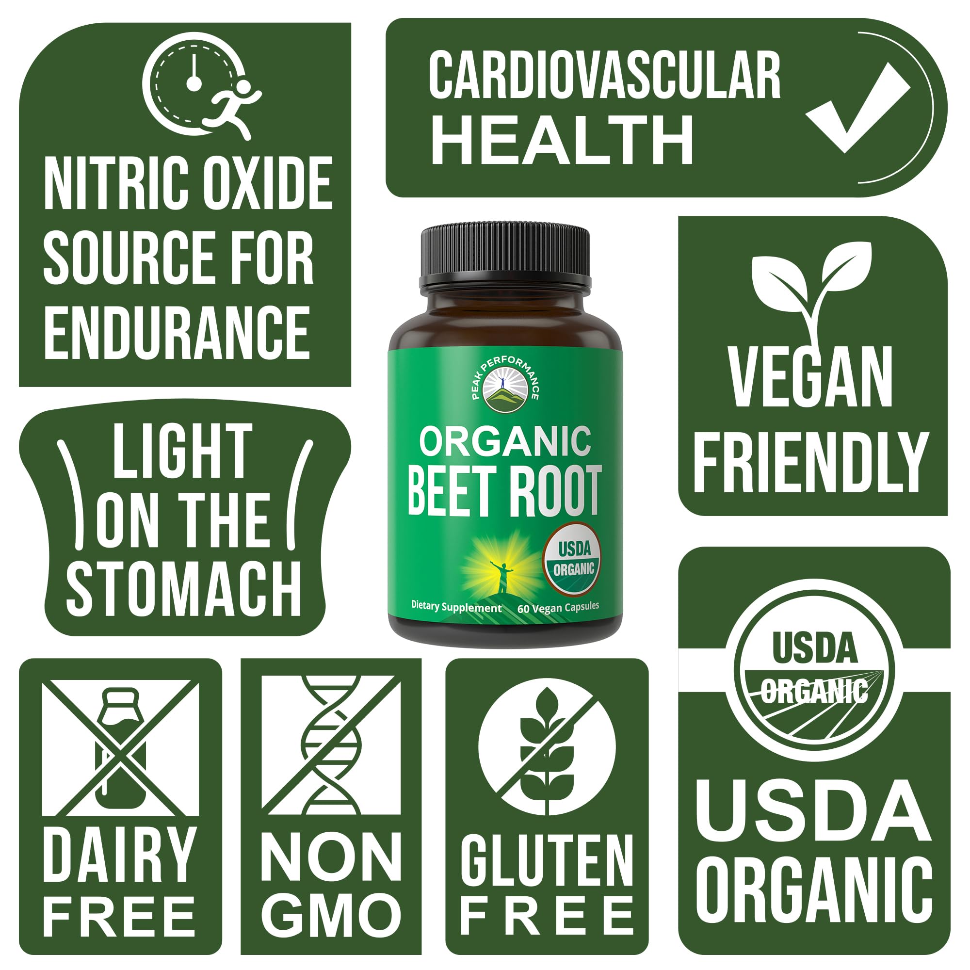 Peak Performance beet root capsules in hand for convenient daily use