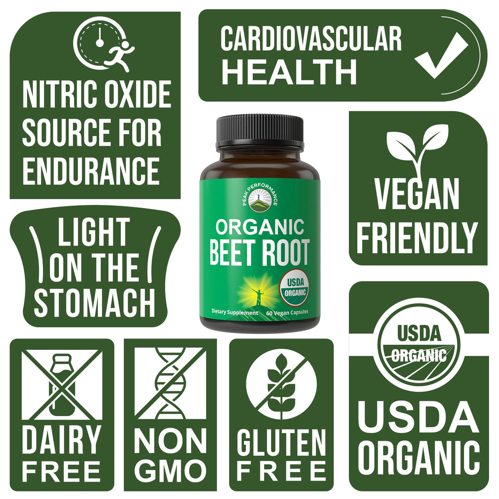 Peak Performance beet root capsules in hand for convenient daily use