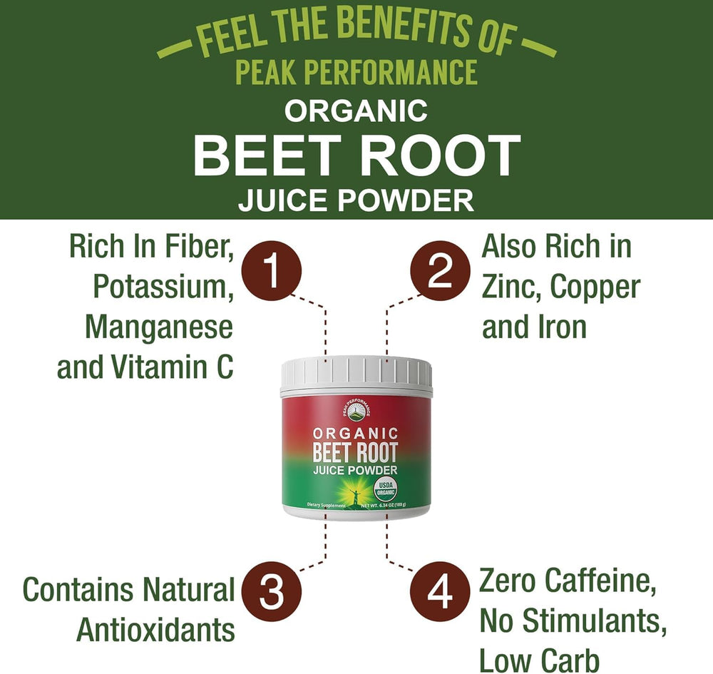 Peak Performance Beet Root Powder scoop-ready for quick servings and consistent dosing.