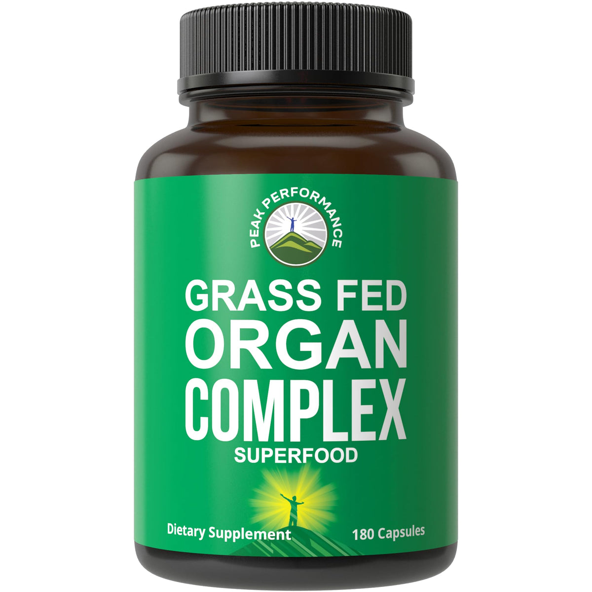 Peak Performance Beef Organ Complex bottle front, nutrient-dense daily supplement for busy lifestyles.