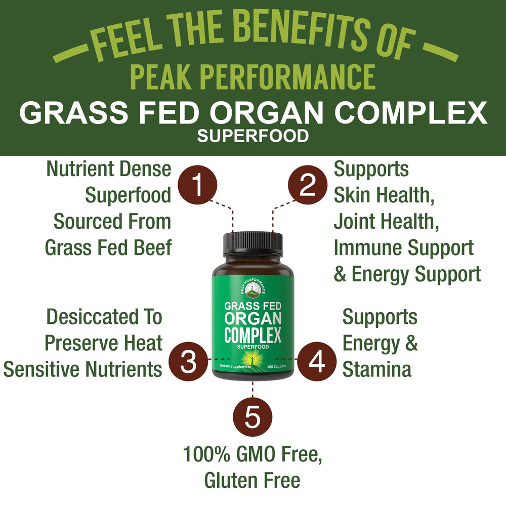 Peak Performance Beef Organ Complex bottle label highlights grass-fed NZ origin and quality.