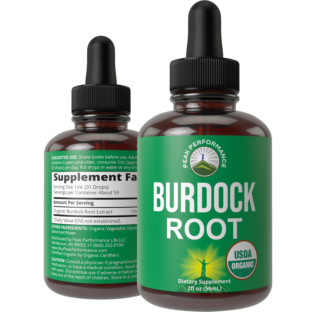 Peak Performance Burdock Root Drops bottle with organic gluten-free label.