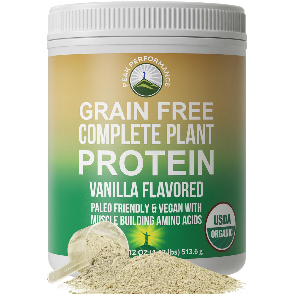 Peak Performance complete plant protein vanilla bottle showing no artificial flavors