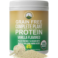 Peak Performance complete plant protein vanilla bottle showing no artificial flavors