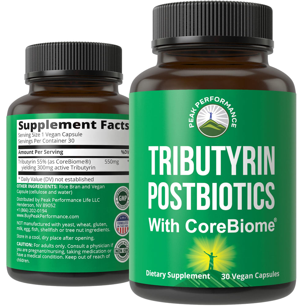 Peak Performance CoreBiome Tributyrin bottle promoting daily gut support.