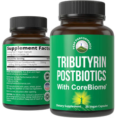 Peak Performance CoreBiome Tributyrin bottle promoting daily gut support.