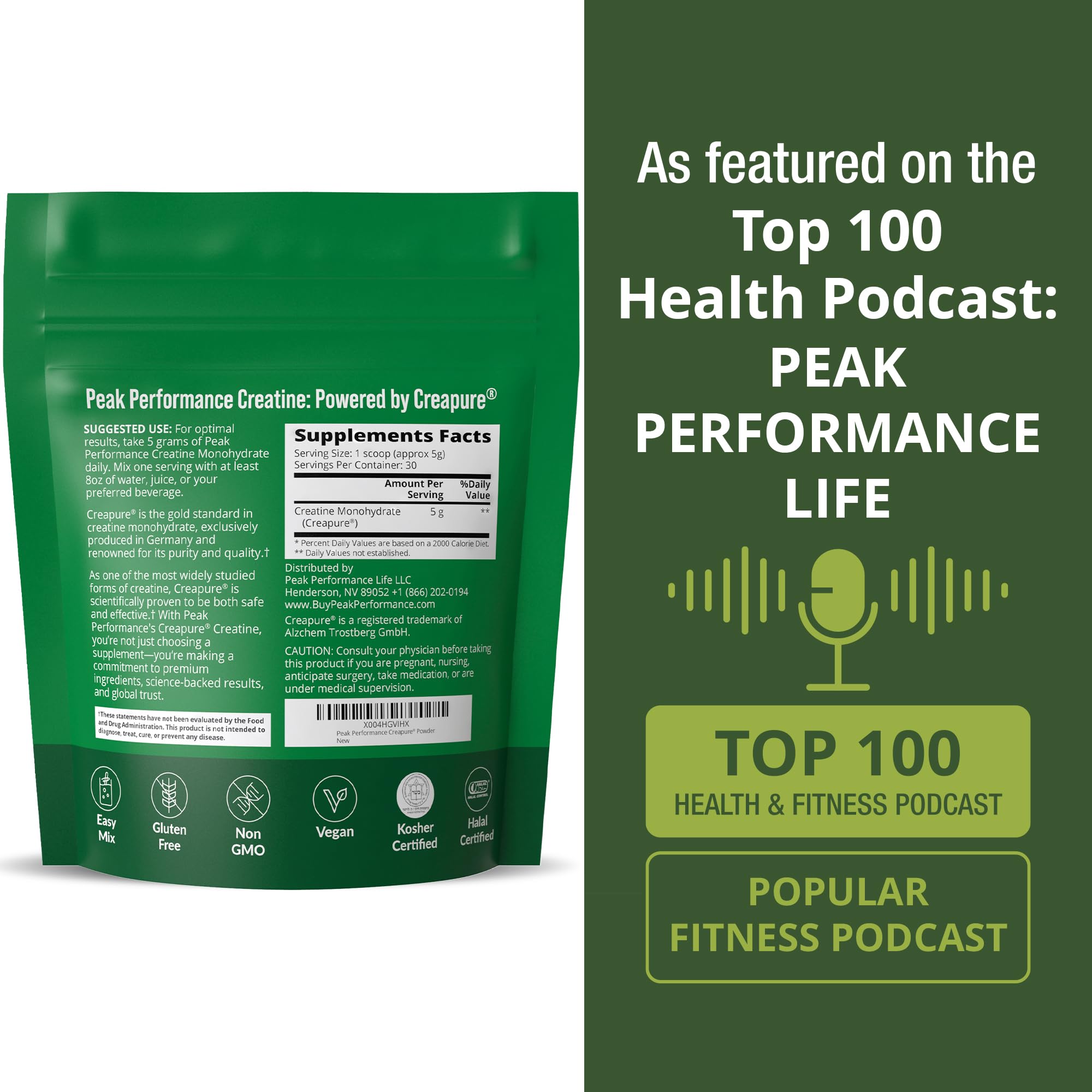 Peak Performance Creapure jar on a clean kitchen counter