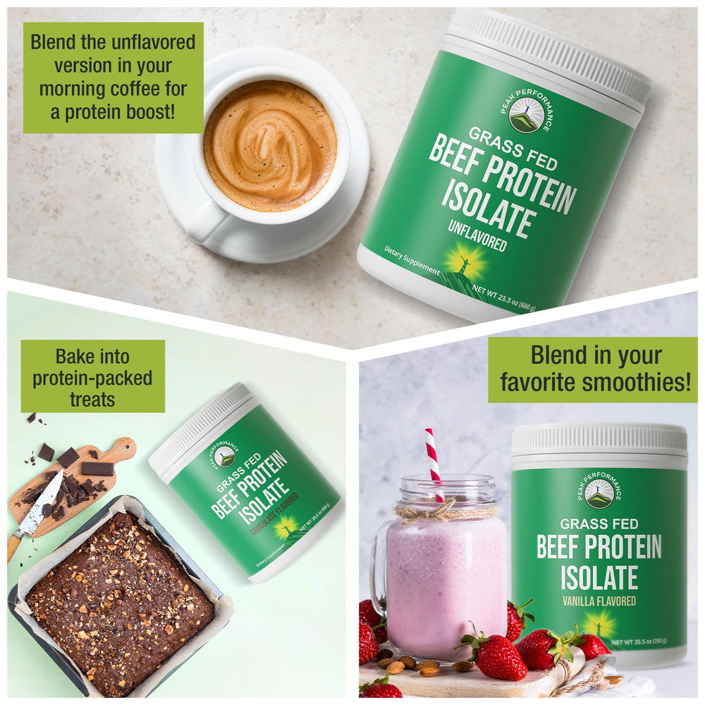 Icons show dairy-free, gluten-free, and soy-free features for Peak Performance.