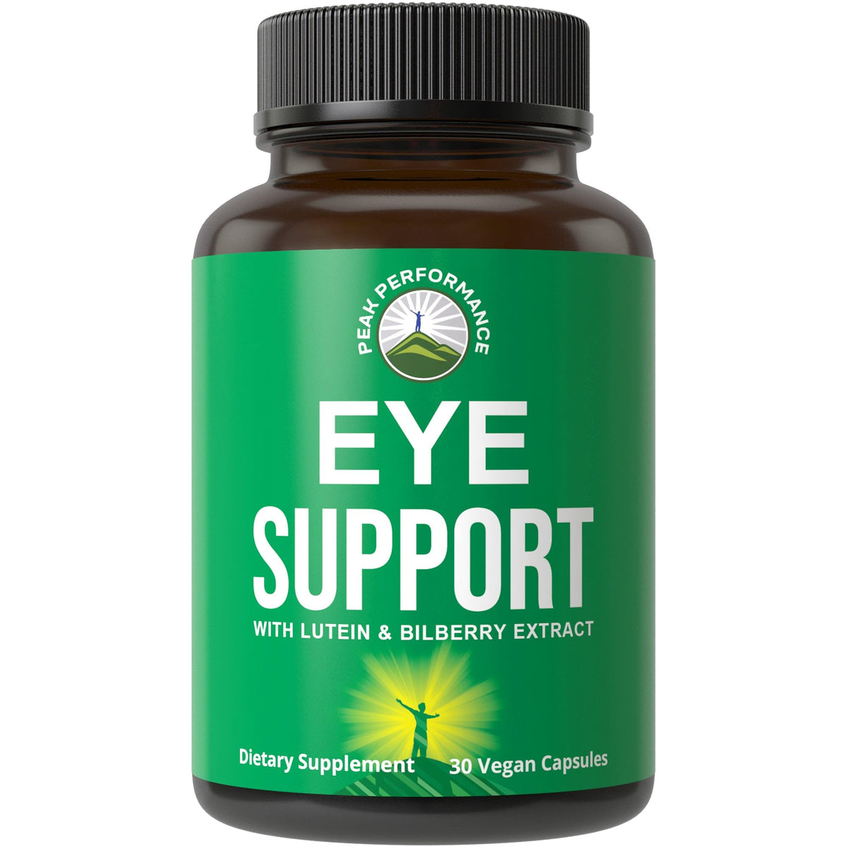 Peak Performance Eye Vitamins bottle front highlights vegan formula for eye support.