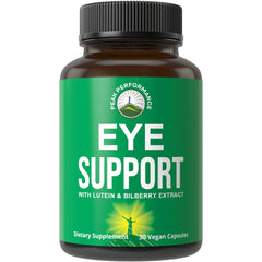 Peak Performance Eye Vitamins bottle front highlights vegan formula for eye support.
