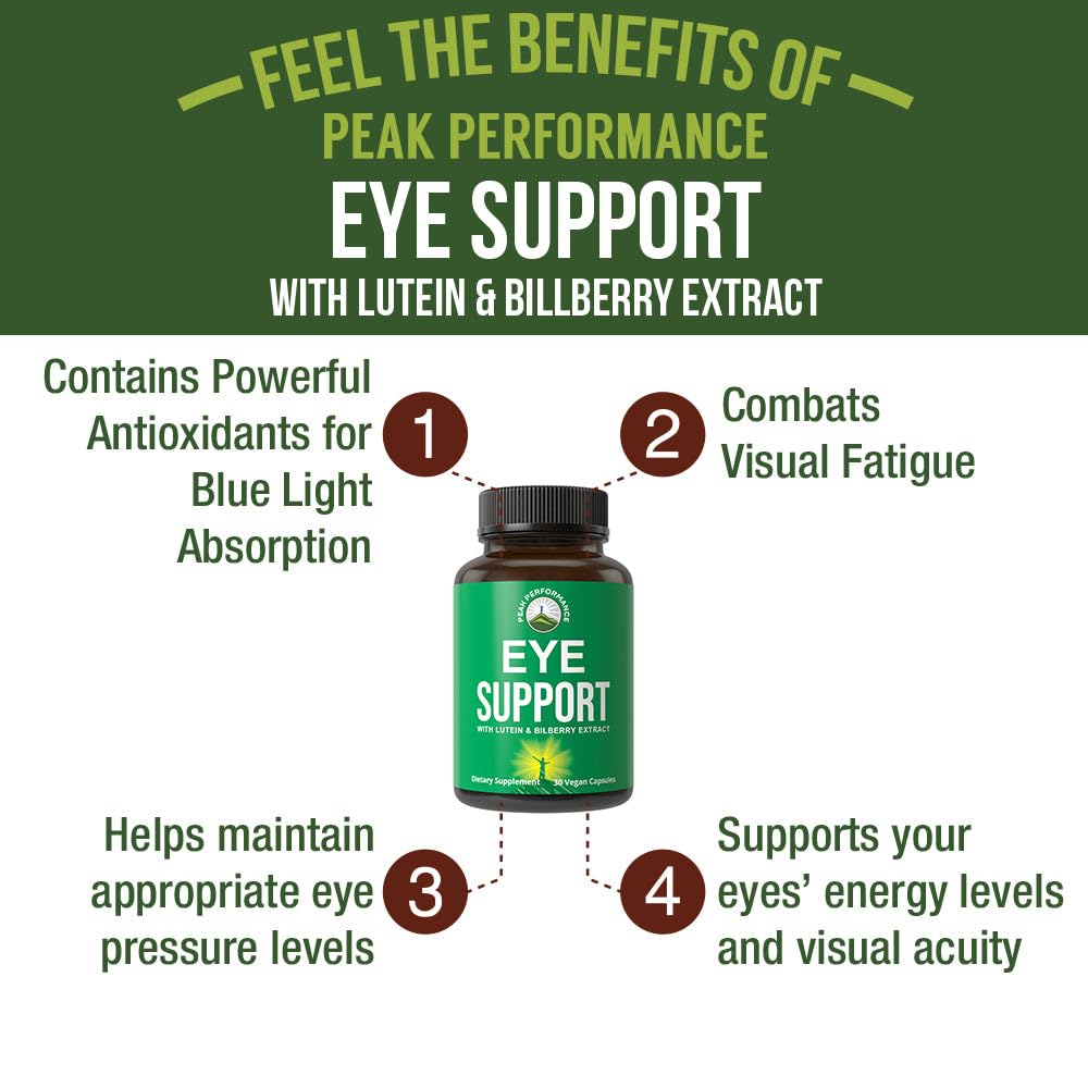 Peak Performance Eye Vitamins bottle label shows lutein and zeaxanthin for visual wellness.