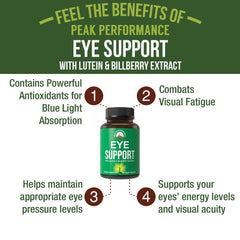 Peak Performance Eye Vitamins bottle label shows lutein and zeaxanthin for visual wellness.