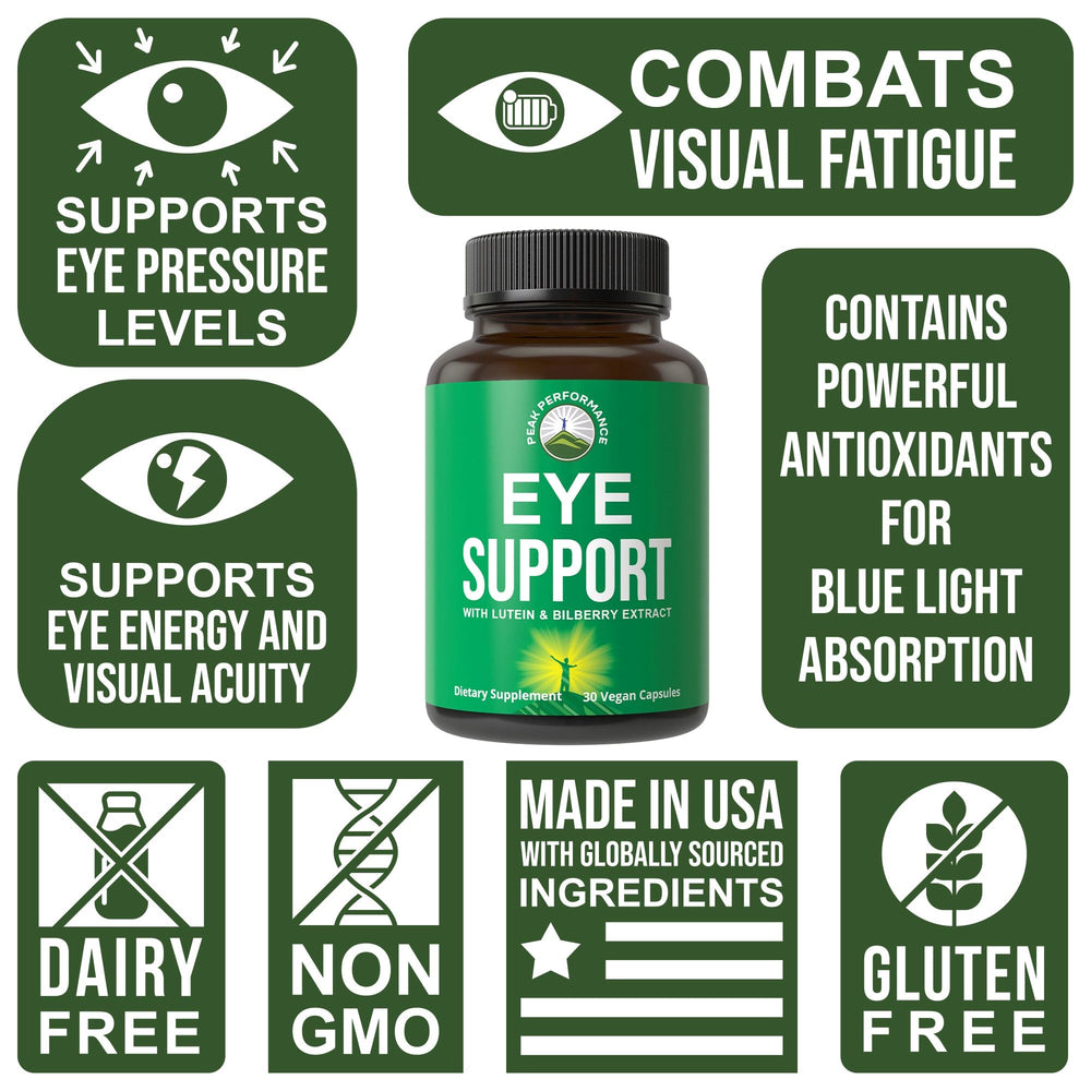 Peak Performance Eye Vitamins on a desk suggests a simple daily capsule routine.