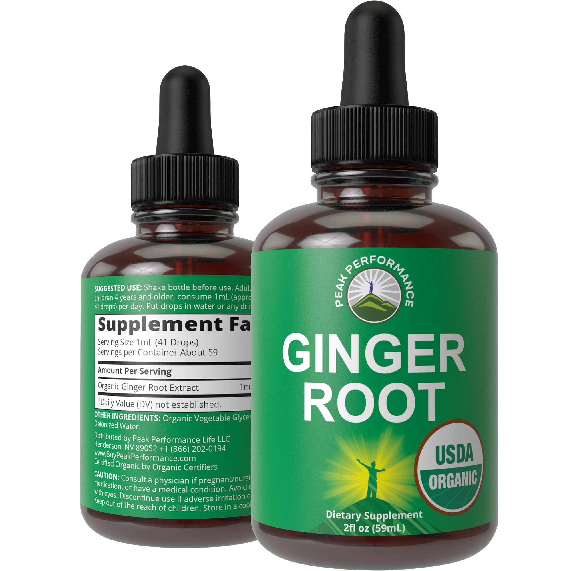 Peak Performance Ginger Drops bottle front highlighting organic zero sugar for daily balance.