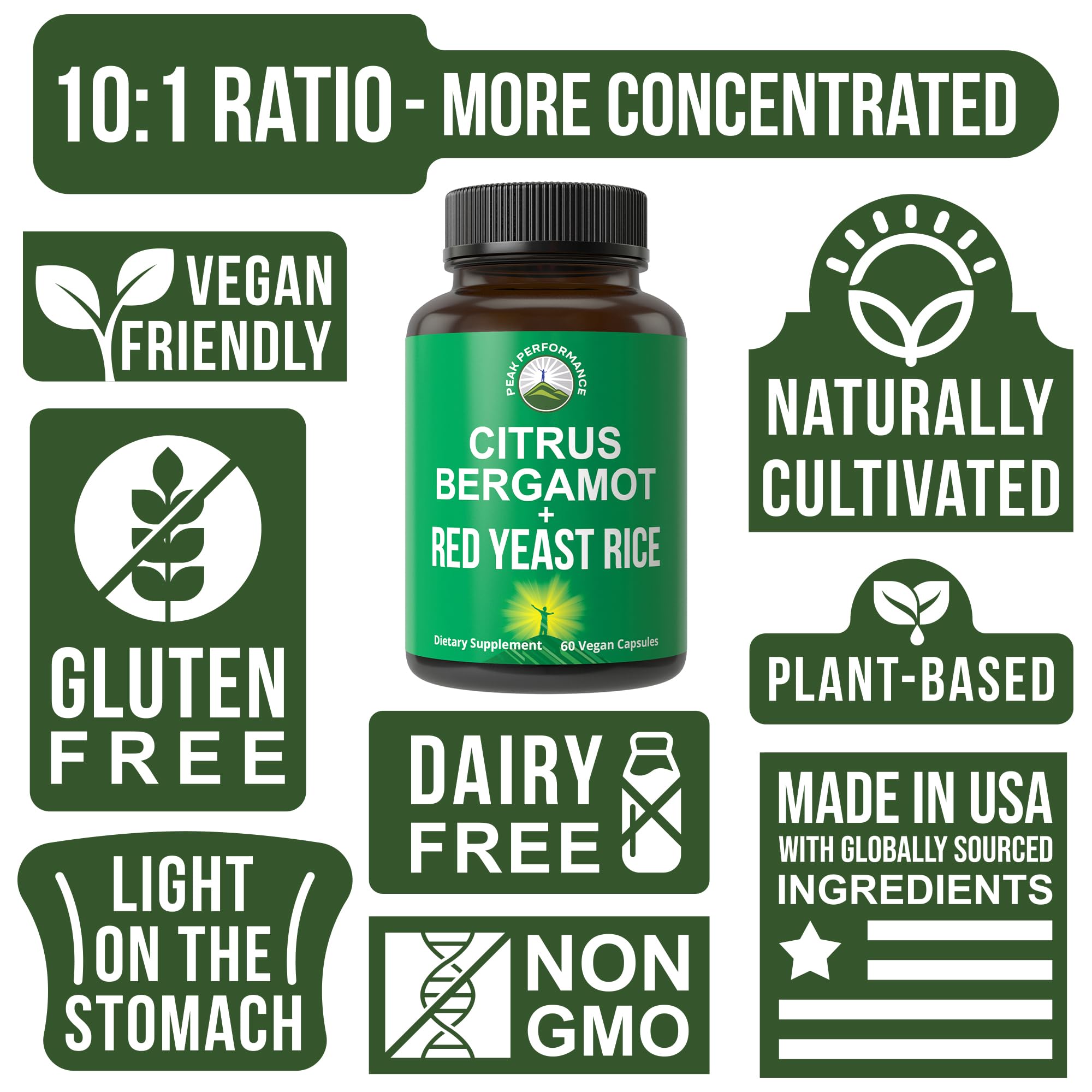 Peak Performance gluten-free vegan badge on bottle packaging.