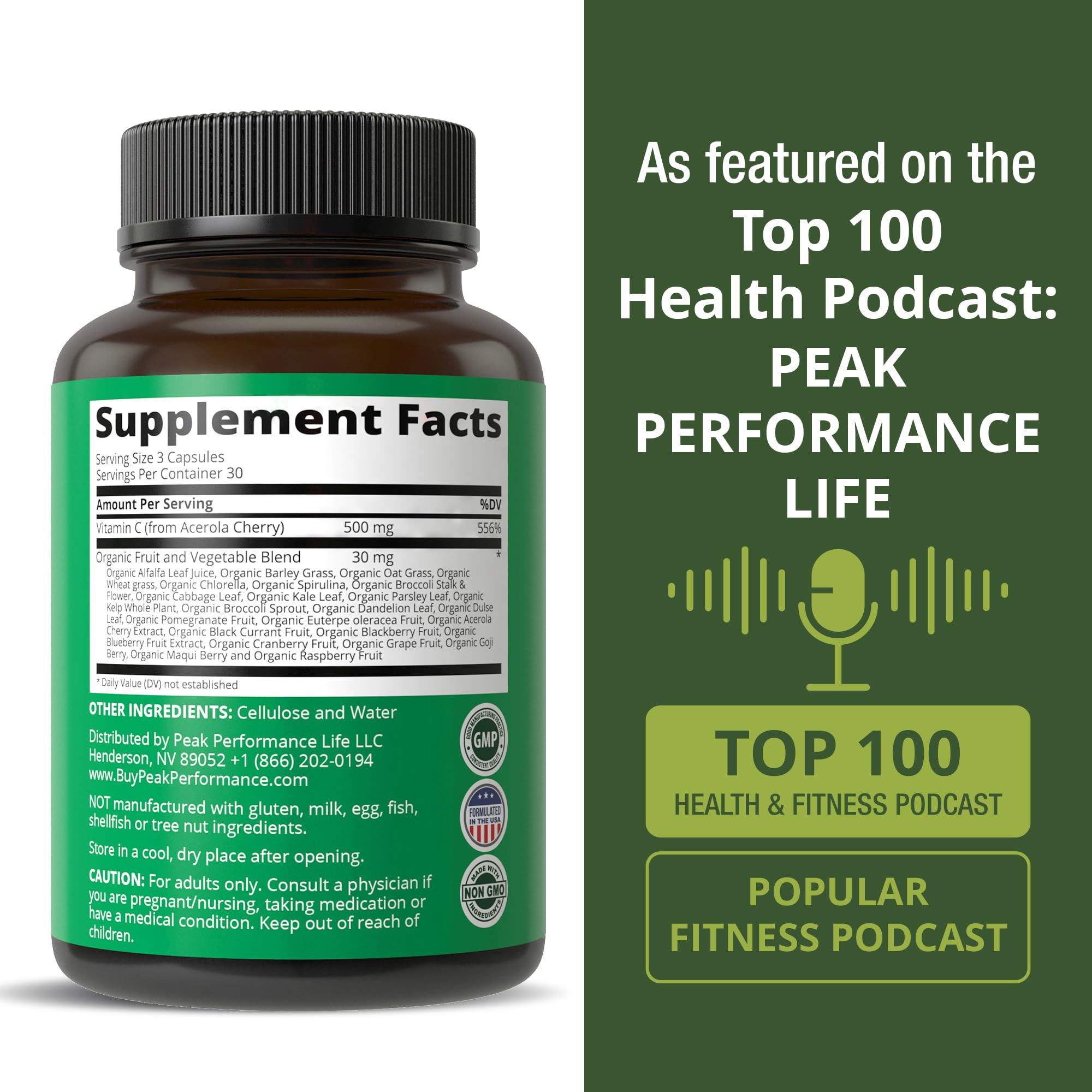 Gluten-free vegan formula seal on Peak Performance Vitamin C packaging.