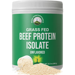Peak Performance grass-fed beef protein bottle on kitchen counter, dairy-free protein.
