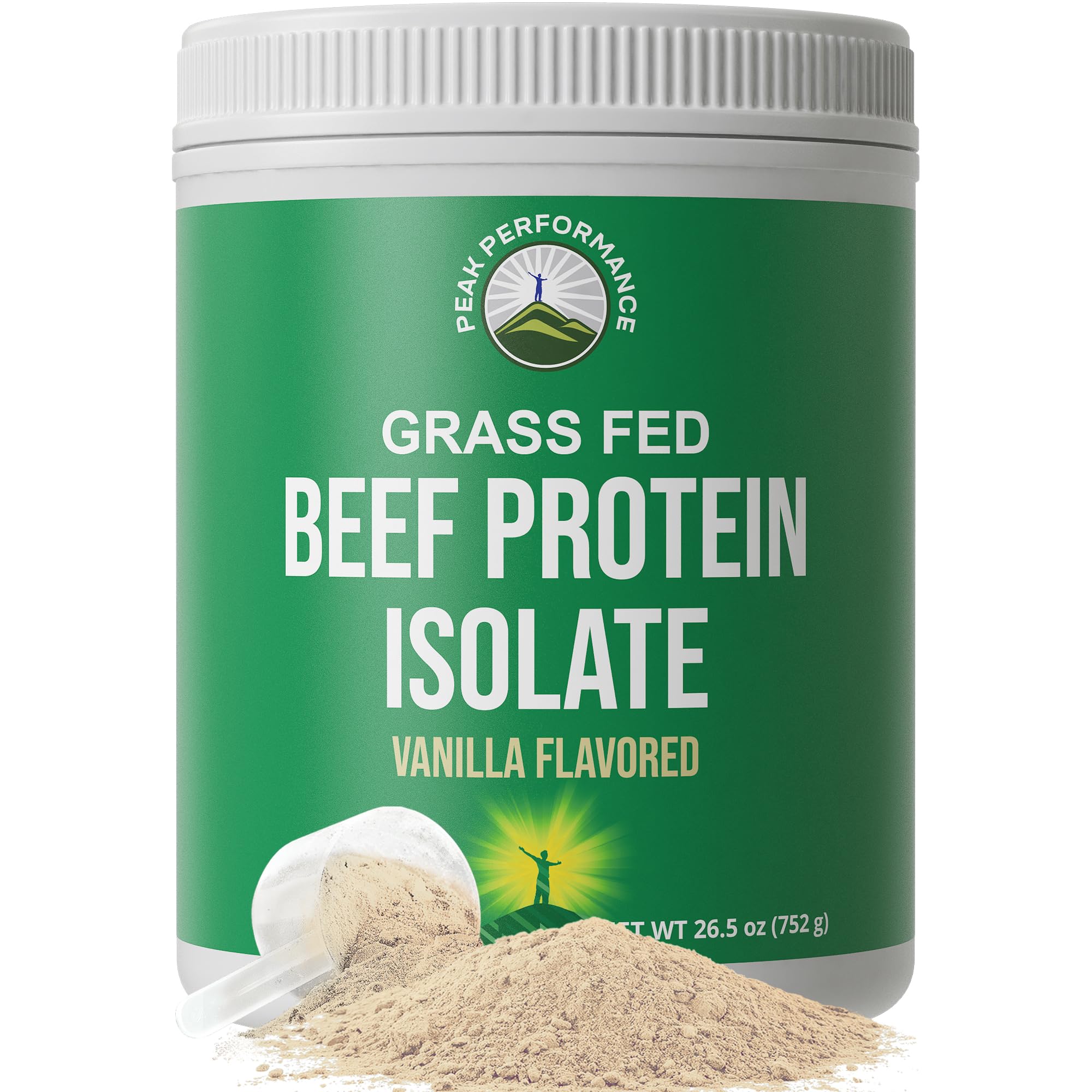 Peak Performance Grass-Fed Beef Protein Isolate bottle for dairy-free protein support.