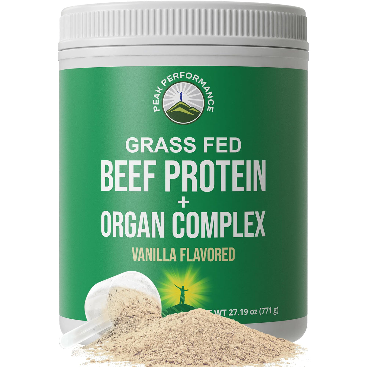 Peak Performance grass-fed beef protein powder bottle for post-workout recovery.