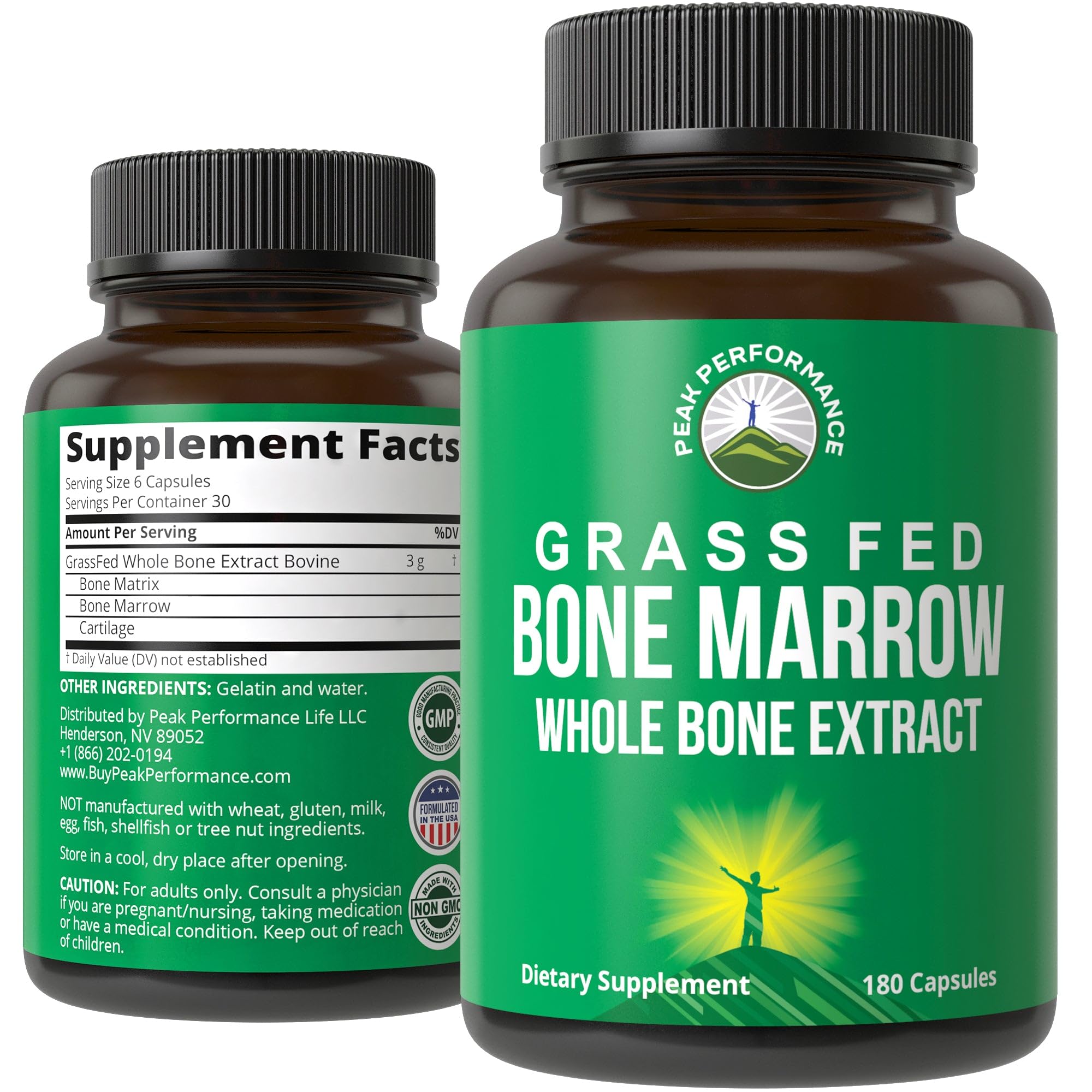 Peak Performance Grass Fed Bone Marrow bottle with capsules for daily nourishment