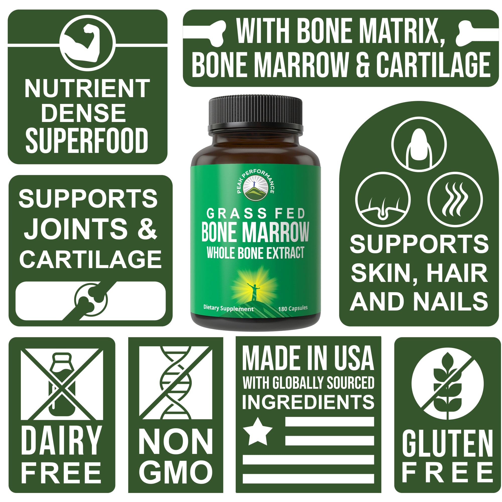 Ingredients panel for Peak Performance Grass Fed Bone Marrow showing bone matrix marrow cartilage