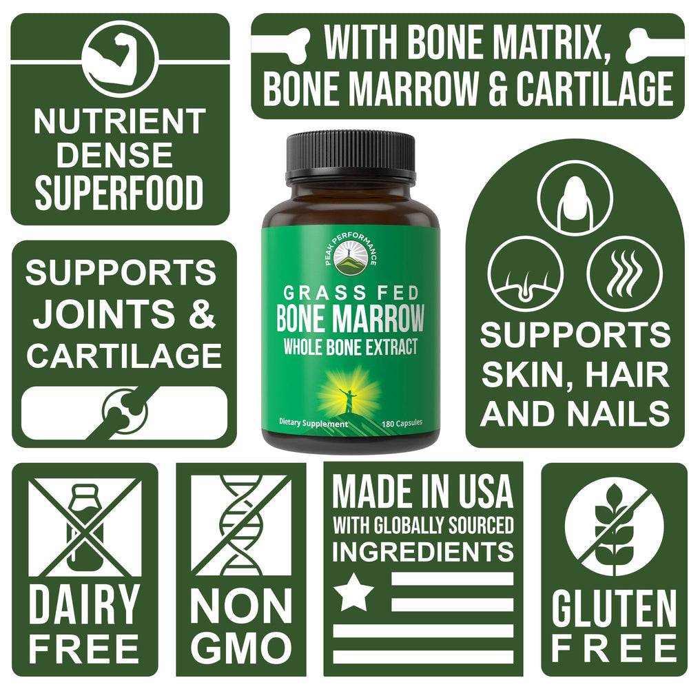 Ingredients panel for Peak Performance Grass Fed Bone Marrow showing bone matrix marrow cartilage