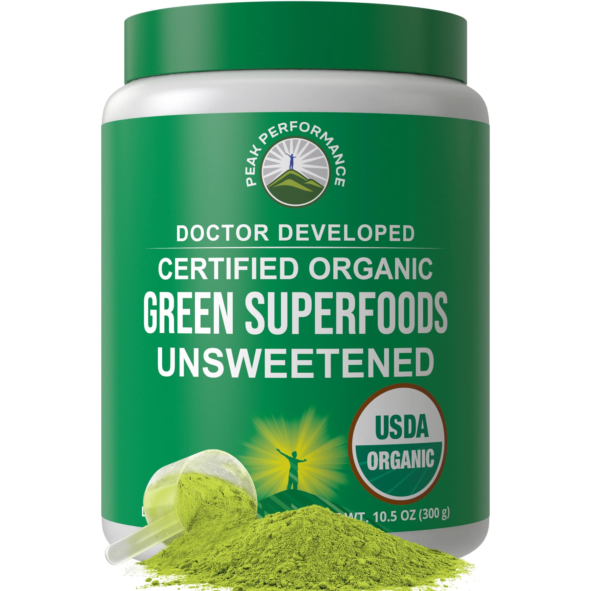 Peak Performance greens powder tub showcasing a premium organic blend for daily energy.