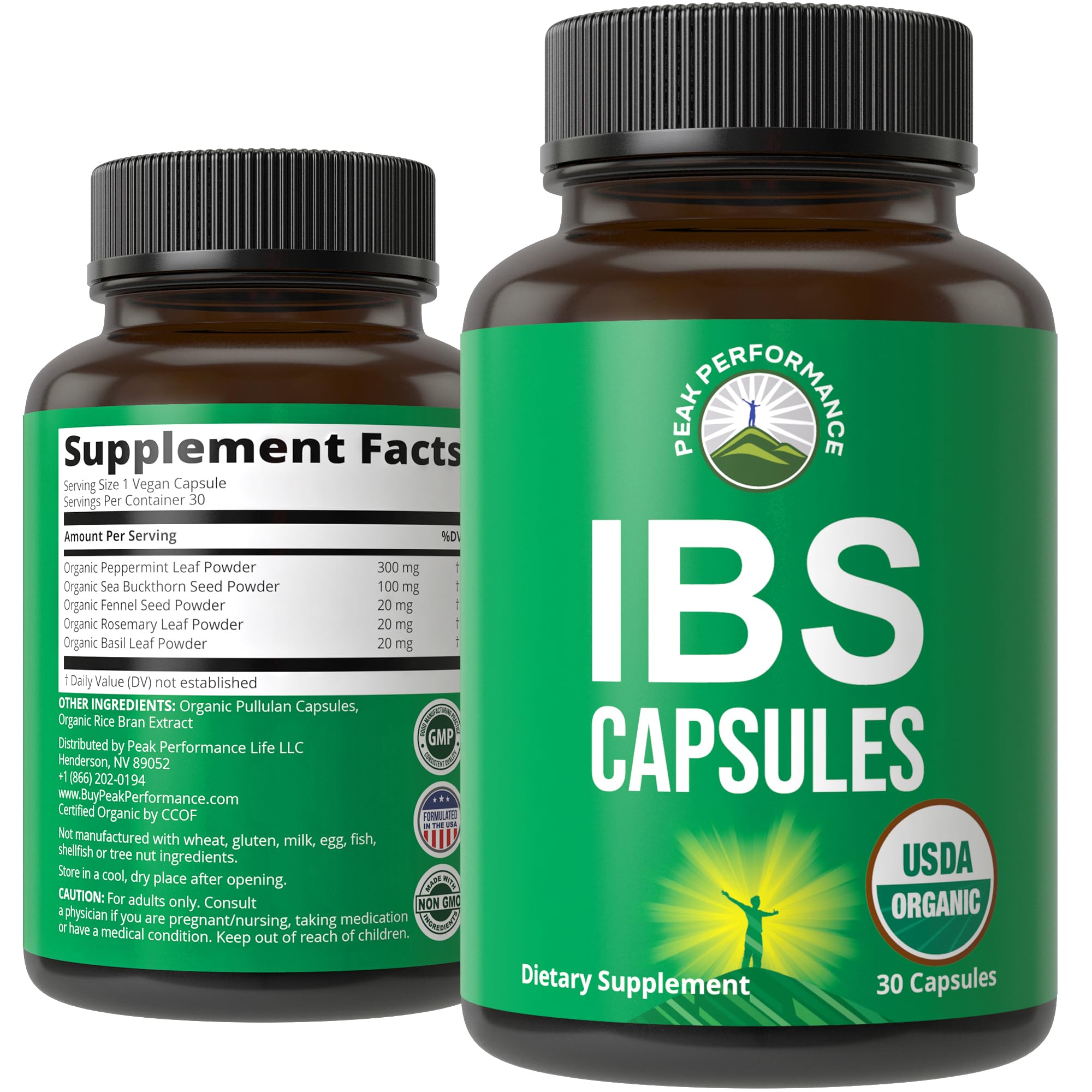 Peak Performance IBS capsules bottle offers gentle digestive support for adults.