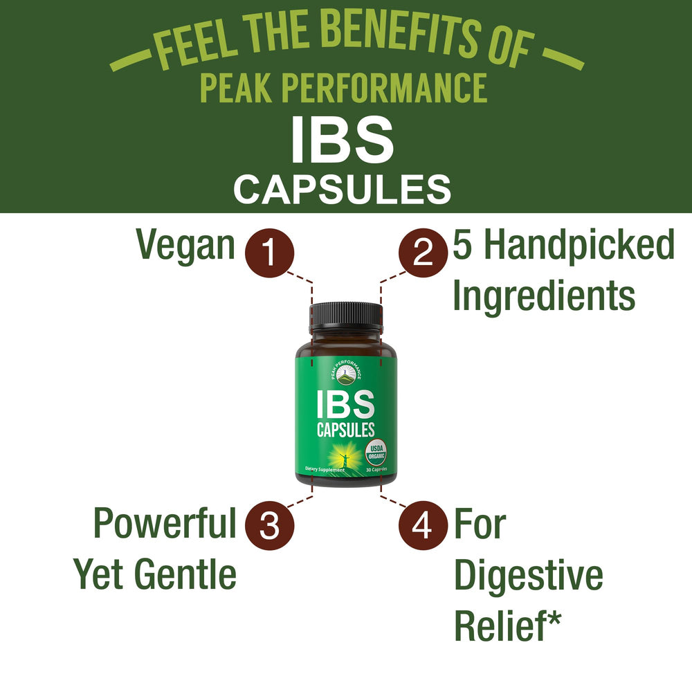 Peak Performance IBS capsules closeup shows capsules ready for daily use.