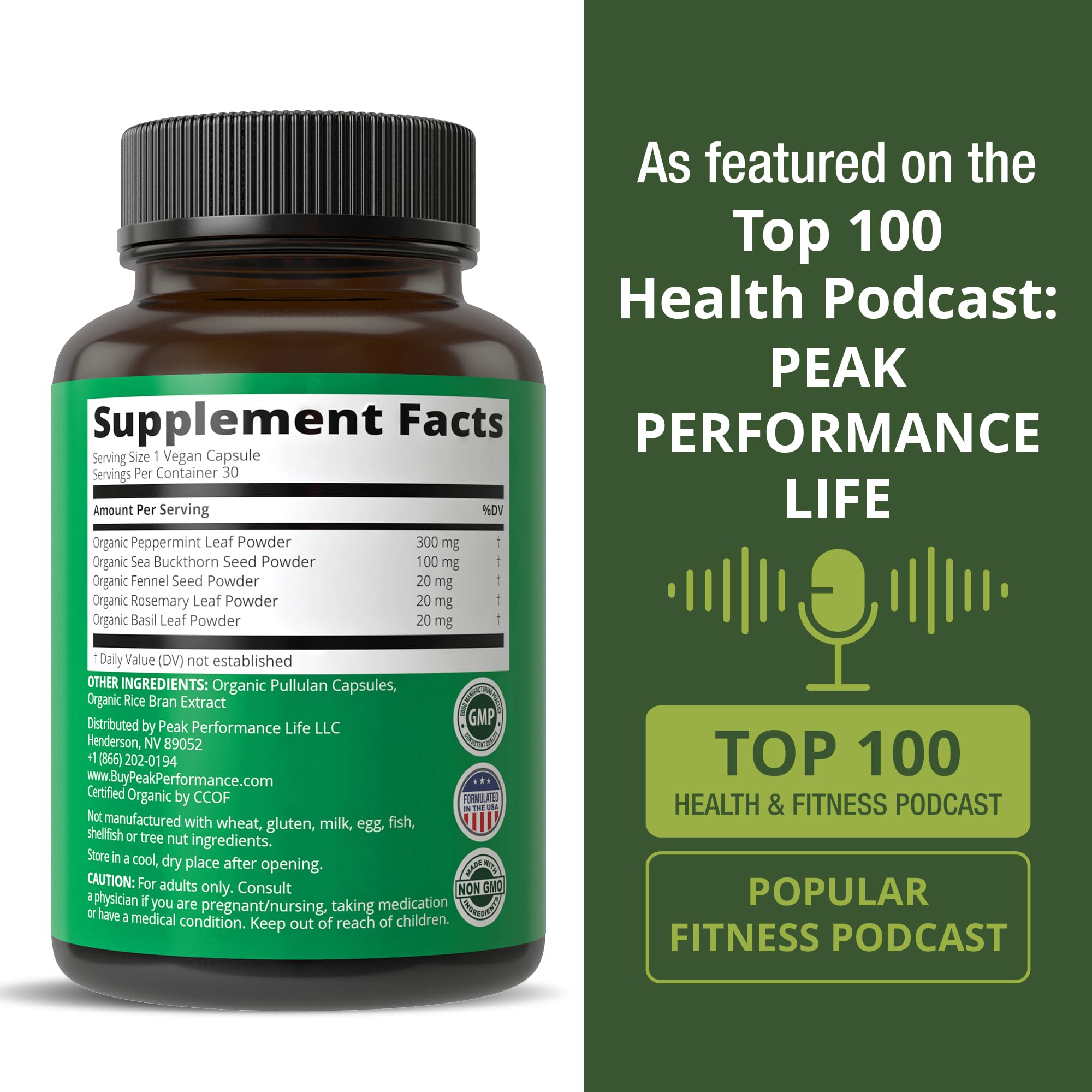 Peak Performance purity seal signals third party testing for product integrity.