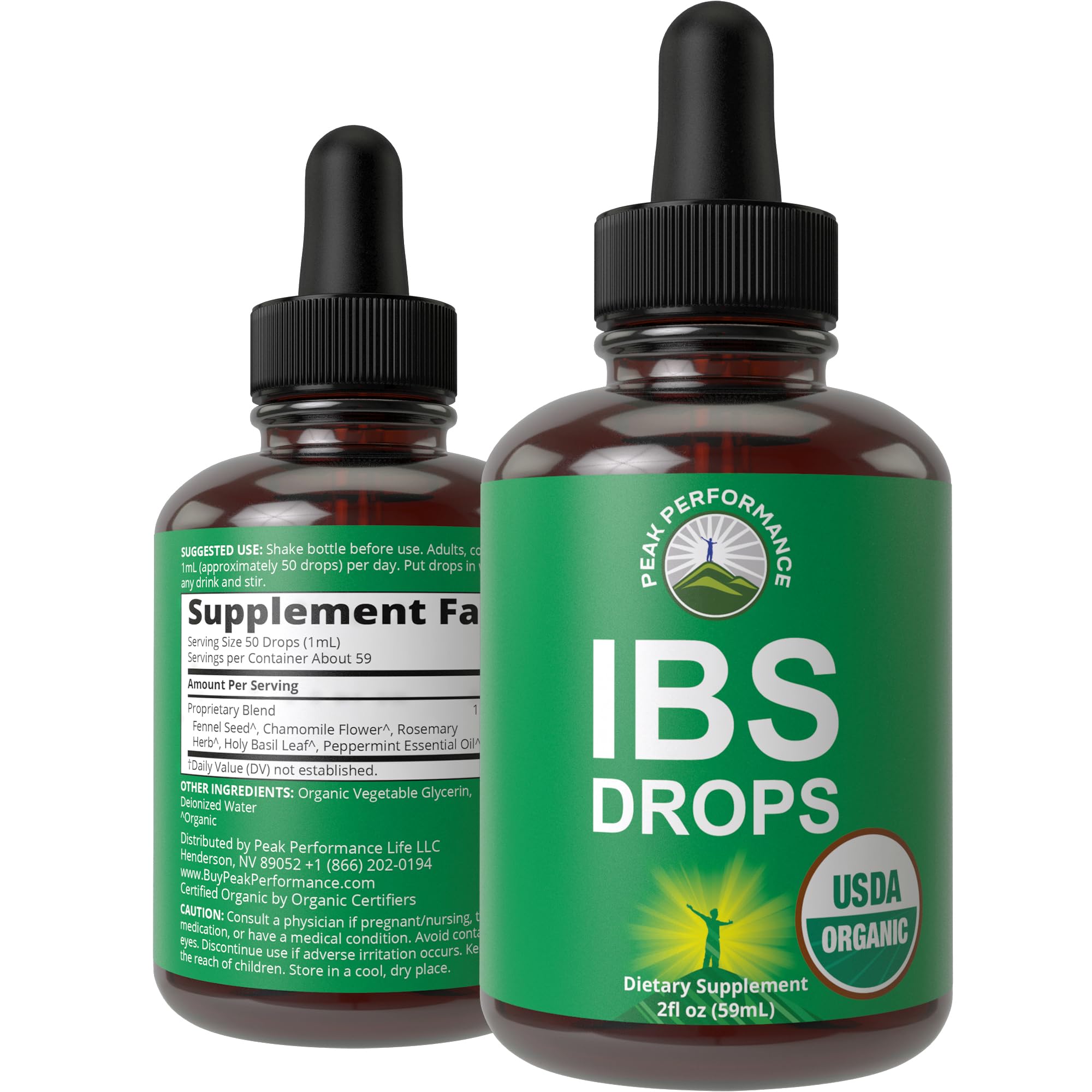 Peak Performance IBS Relief bottle front for gentle, organic digestive support.