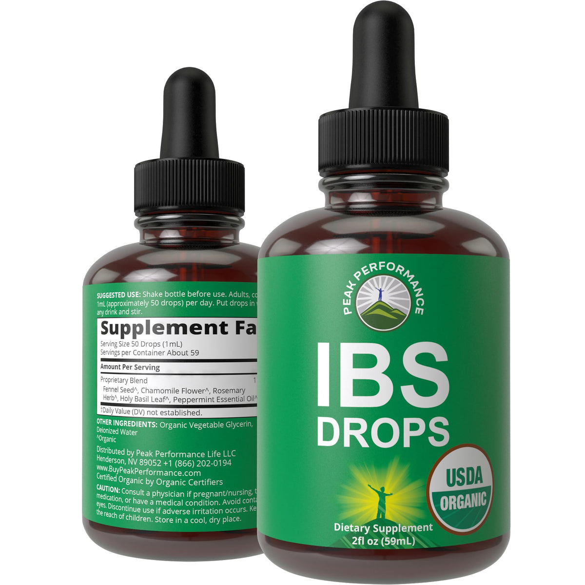 Peak Performance IBS Relief bottle front for gentle, organic digestive support.