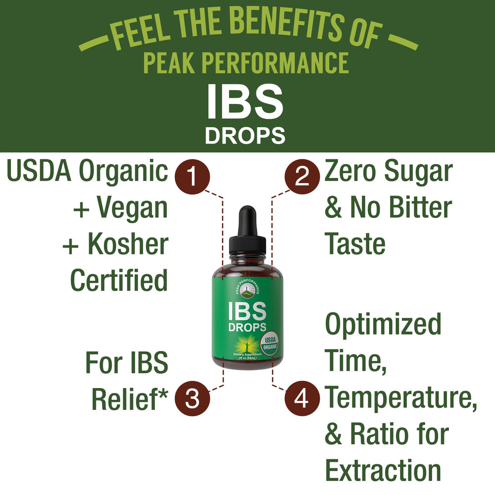 Peak Performance IBS Relief drops pouring demonstrates easy, tasteless ingestion for daily comfort.