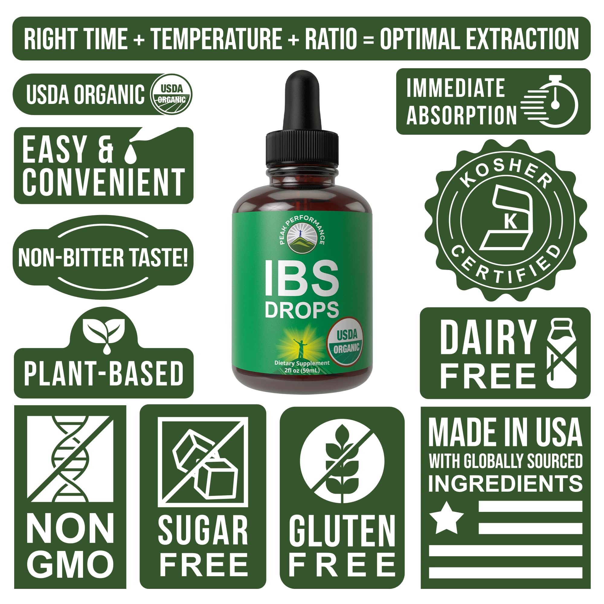 Peak Performance IBS Relief label USDA Organic emphasizes quality and certified ingredients.