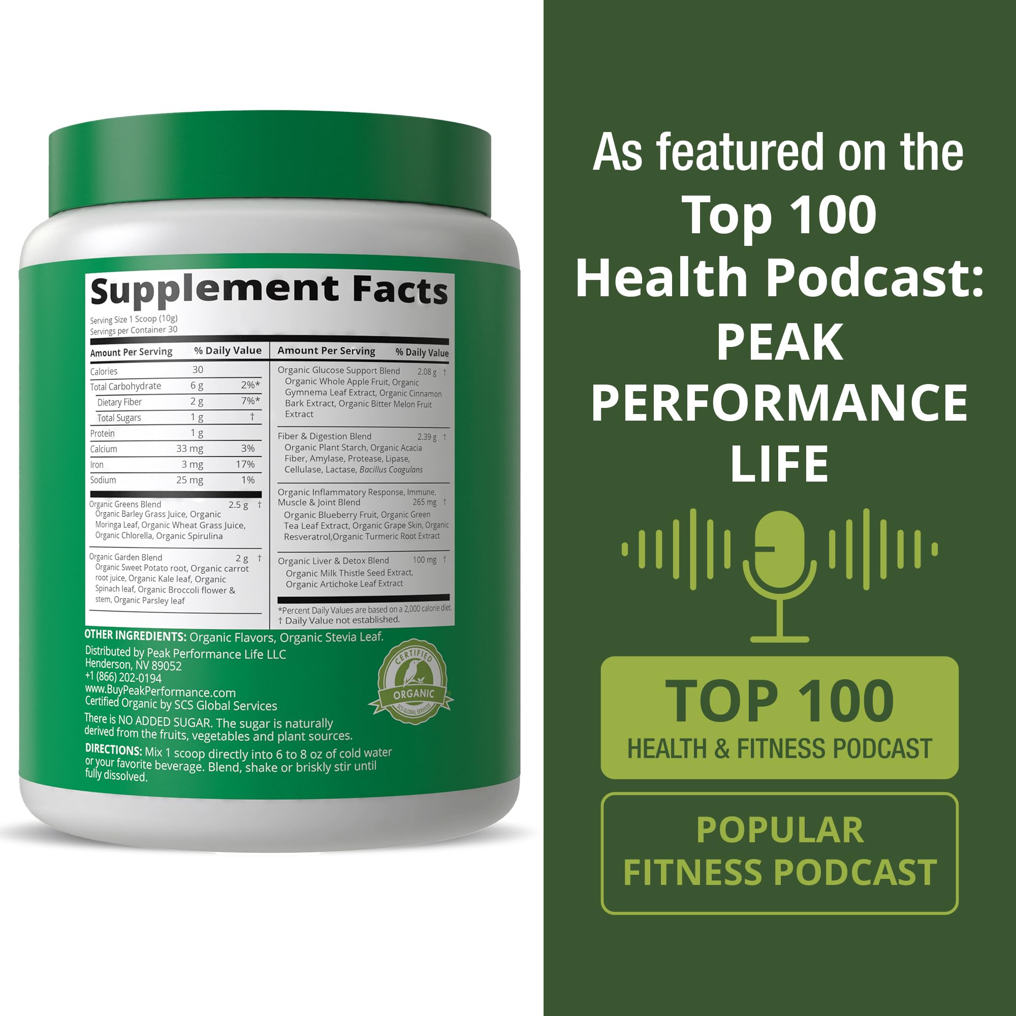 Peak Performance ingredients close-up featuring kale, spinach, spirulina and fruits