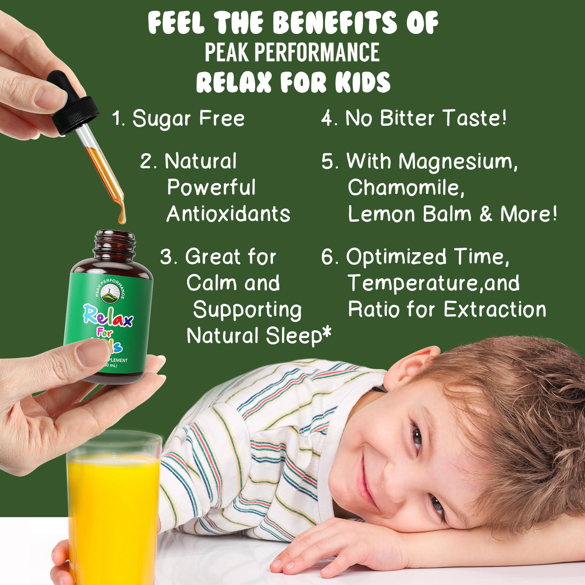 Dropper releasing Peak Performance Kids Calm Drops for gentle, precise dosing