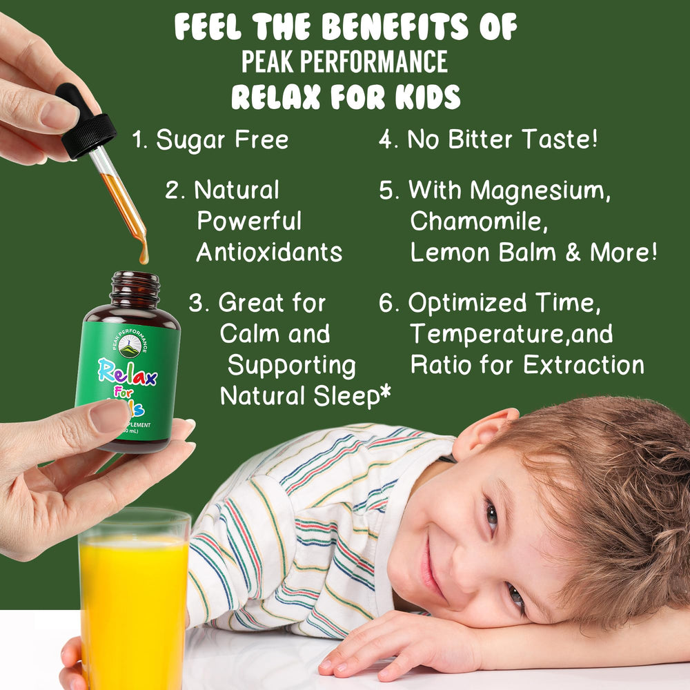 Dropper releasing Peak Performance Kids Calm Drops for gentle, precise dosing