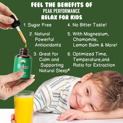 Dropper releasing Peak Performance Kids Calm Drops for gentle, precise dosing