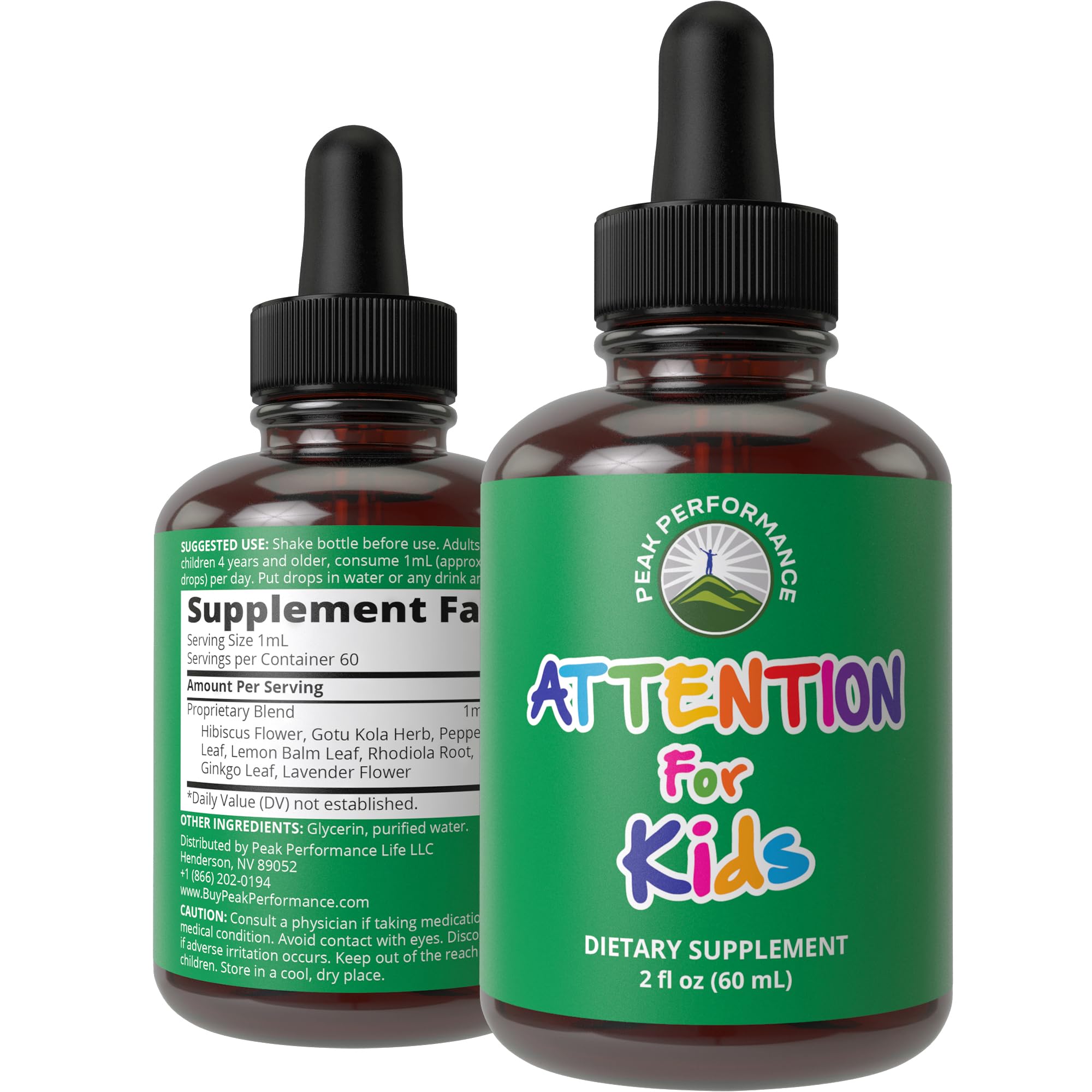 Peak Performance Kids Focus Drops bottle front view for kid friendly focus support